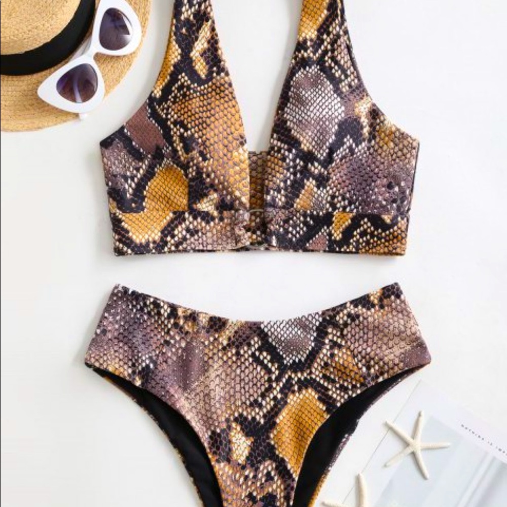Snake Print Ring Bikini Swimsuit - Multi